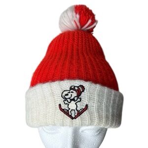 Vintage Snoopy Peanuts Holiday Beanie 1958 Knit Toque Red Cream Embroidered